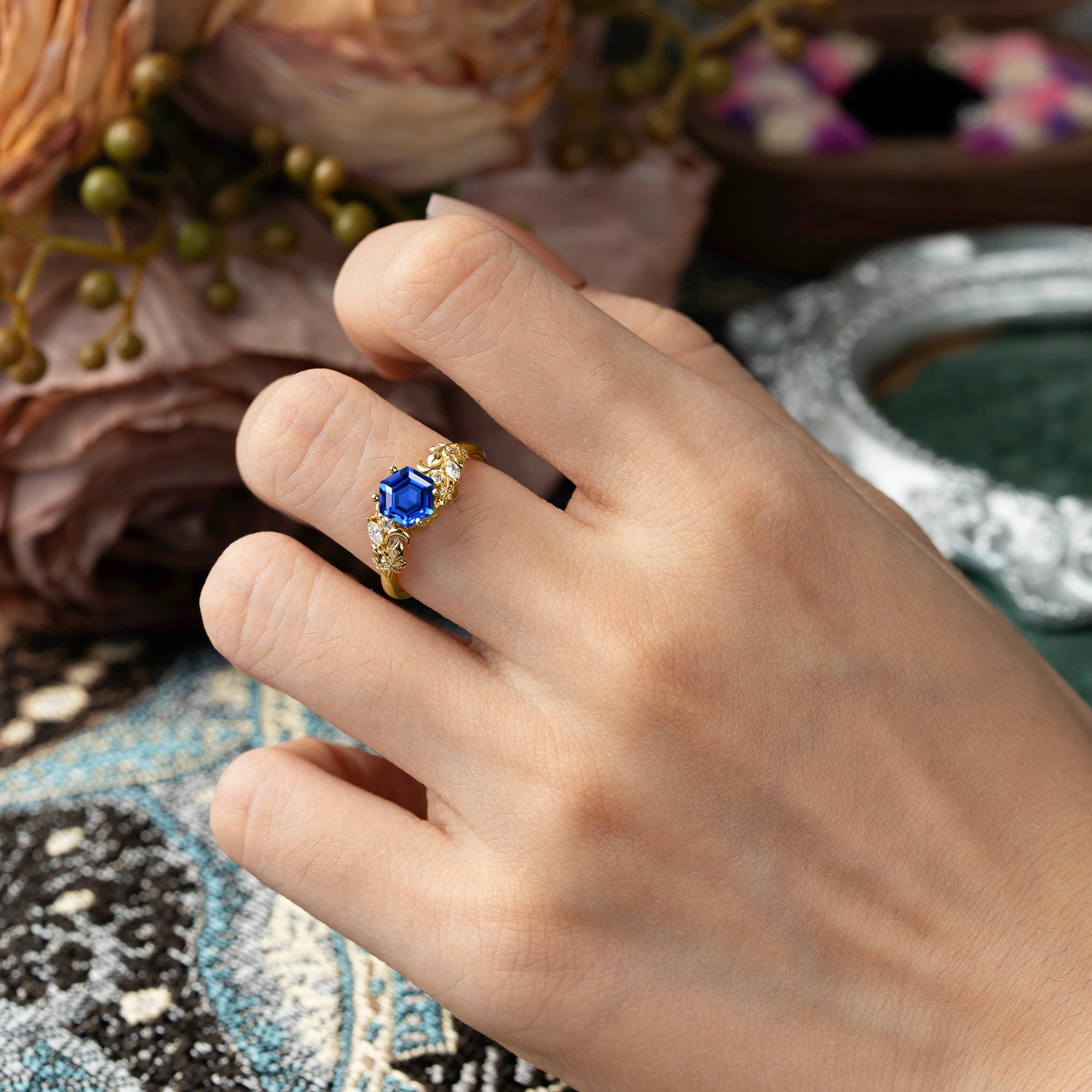 Fashion-Forward Hexagon Cut Sapphire Engagement Ring - 4-Prong Nature-Inspired Design - Romalar Jewelry