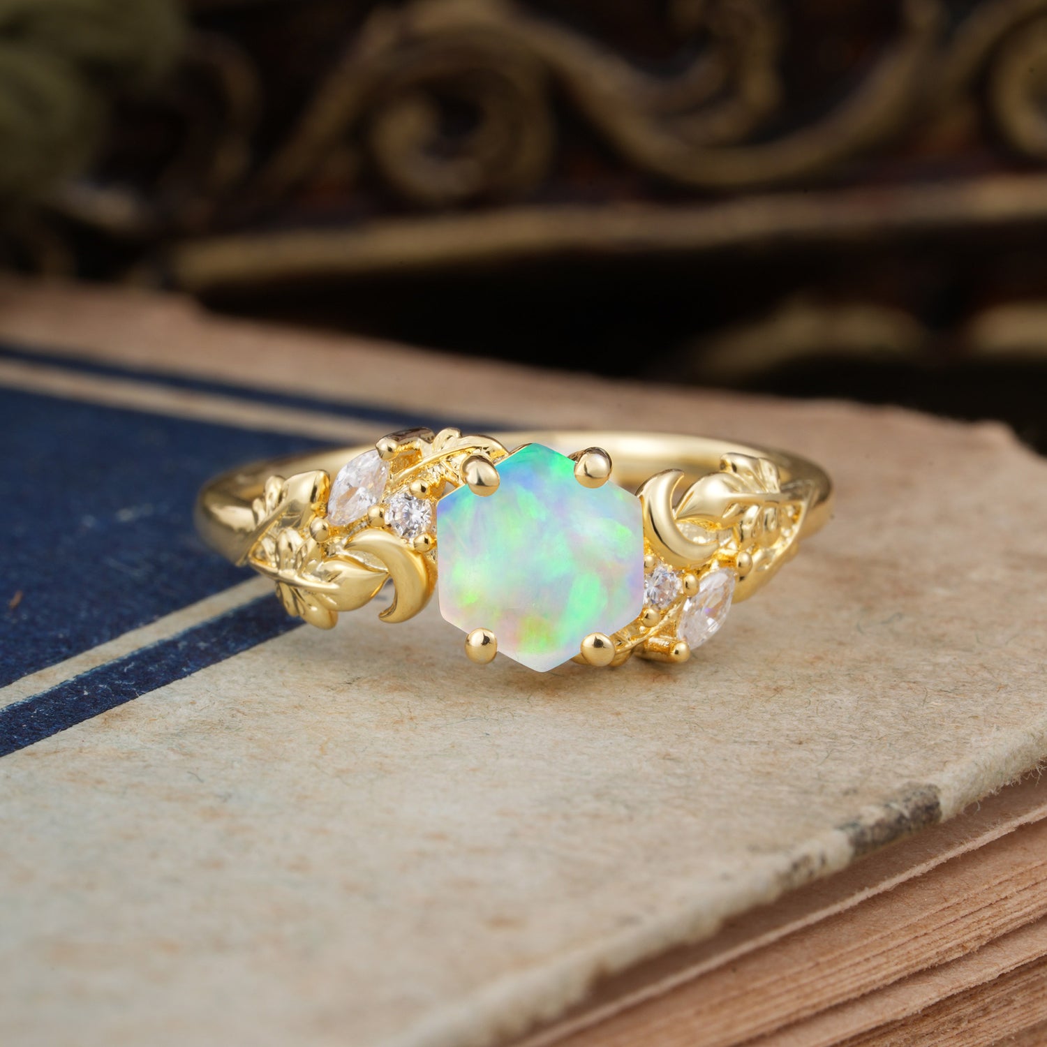 Fashion-Forward Hexagon Cut Opal Engagement Ring - 4-Prong Nature-Inspired Design