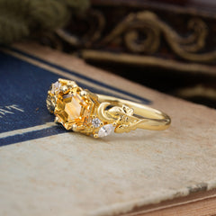 Fashion-Forward Hexagon Cut Natural Citrine Engagement Ring - 4-Prong Nature-Inspired Design