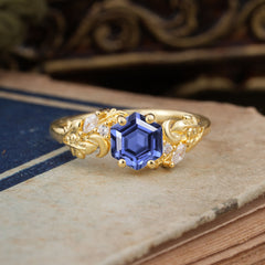 Fashion-Forward Hexagon Cut Natural Tanzanite Engagement Ring - 4-Prong Nature-Inspired Design