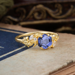Fashion-Forward Hexagon Cut Natural Tanzanite Engagement Ring - 4-Prong Nature-Inspired Design