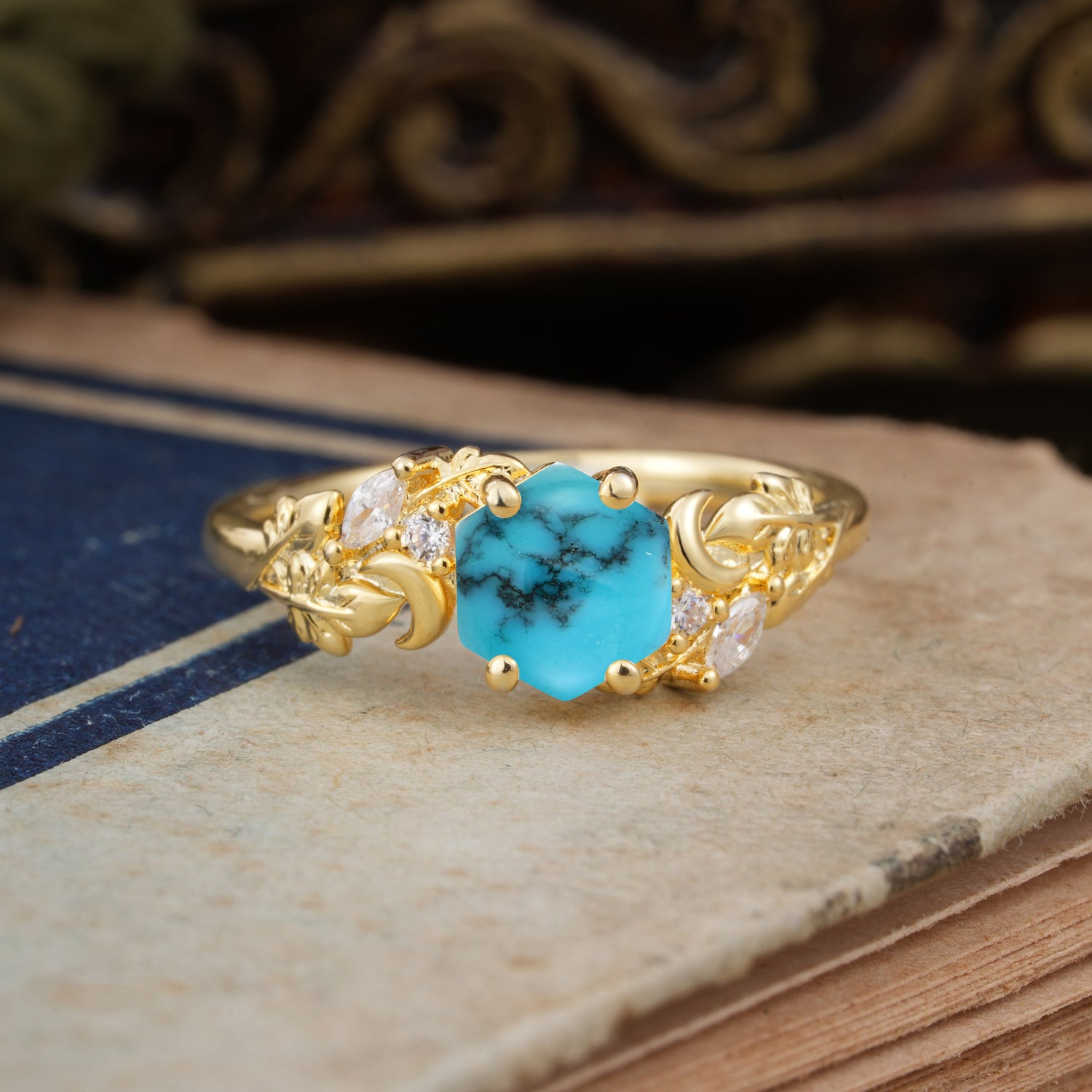 Fashion-Forward Hexagon Cut Turquoise Engagement Ring - 4-Prong Nature-Inspired Design