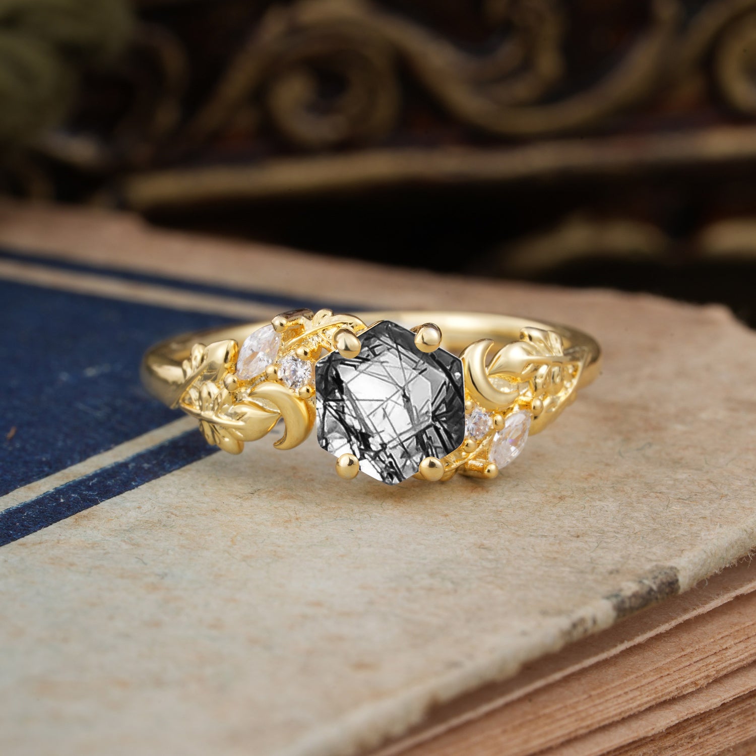 Fashion-Forward Hexagon Cut Natural Black Rutilated Quartz Engagement Ring - 4-Prong Nature-Inspired Design