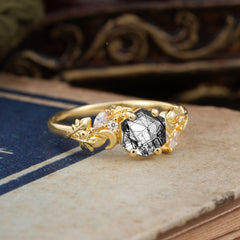Fashion-Forward Kite-Cut Natural Black Rutilated Quartz Engagement Ring - 4-Prong Nature-Inspired Design