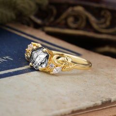 Fashion-Forward Kite-Cut Natural Black Rutilated Quartz Engagement Ring - 4-Prong Nature-Inspired Design
