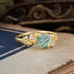 Fashion-Forward Hexagon-Cut Natural Moss Agate Engagement Ring - 4-Prong Nature-Inspired Design