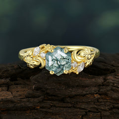 Fashion-Forward Hexagon-Cut Natural Moss Agate Engagement Ring - 4-Prong Nature-Inspired Design