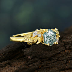 Fashion-Forward Hexagon-Cut Natural Moss Agate Engagement Ring - 4-Prong Nature-Inspired Design