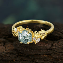 Fashion-Forward Hexagon-Cut Natural Moss Agate Engagement Ring - 4-Prong Nature-Inspired Design