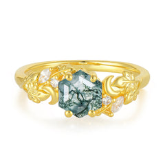 Fashion-Forward Hexagon-Cut Natural Moss Agate Engagement Ring - 4-Prong Nature-Inspired Design
