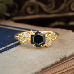 Fashion-Forward Hexagon Cut Natural Black Onyx Engagement Ring - 4-Prong Nature-Inspired Design