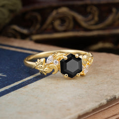 Fashion-Forward Hexagon Cut Natural Black Onyx Engagement Ring - 4-Prong Nature-Inspired Design