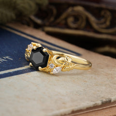 Fashion-Forward Hexagon Cut Natural Black Onyx Engagement Ring - 4-Prong Nature-Inspired Design
