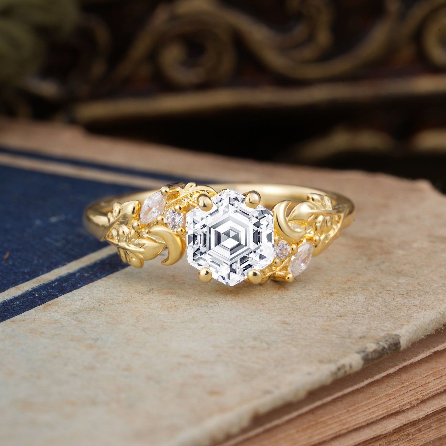 Fashion-Forward Hexagon Cut Lab Diamond Engagement Ring - 4-Prong Nature-Inspired Design