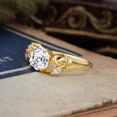 Fashion-Forward Hexagon Cut Natural Lab Diamond Engagement Ring - 4-Prong Nature-Inspired Design