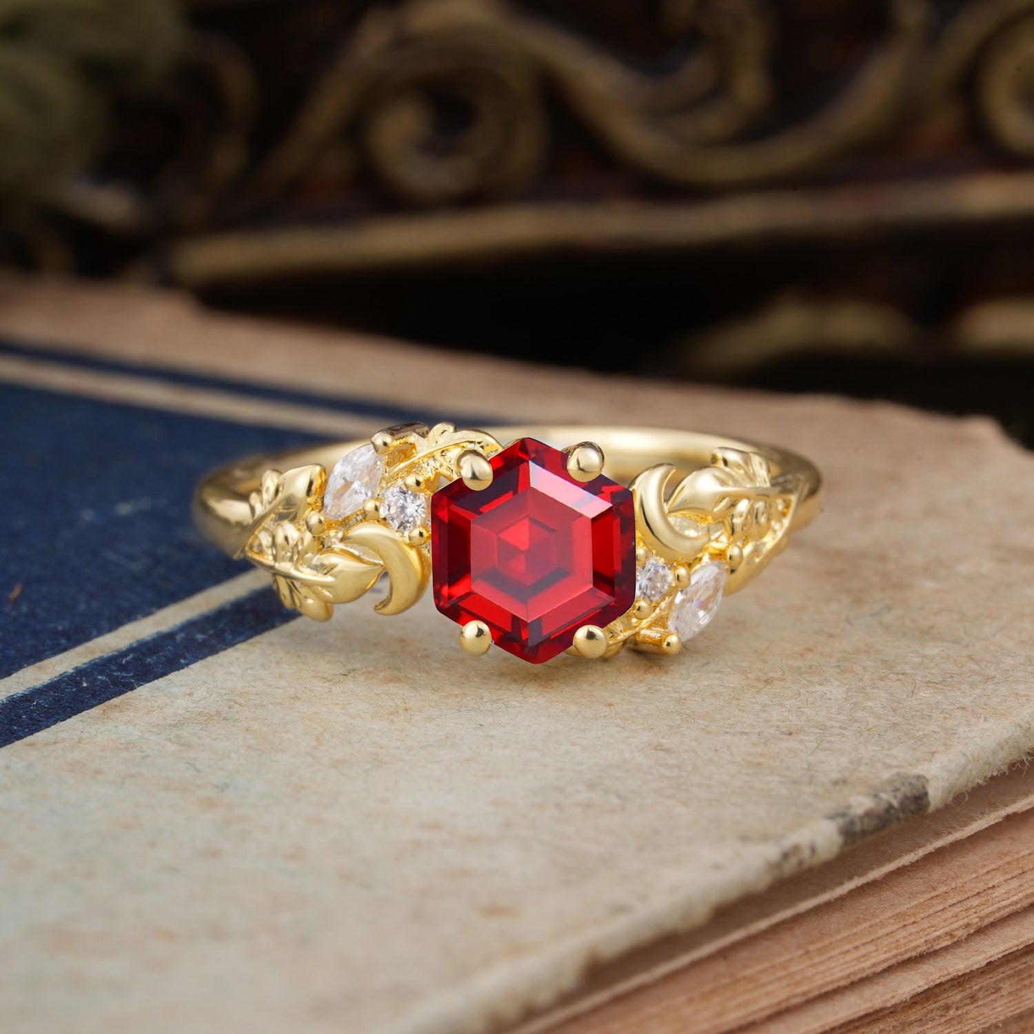 Fashion-Forward Hexagon Cut Natural Garnet Engagement Ring - 4-Prong Nature-Inspired Design - Romalar Jewelry