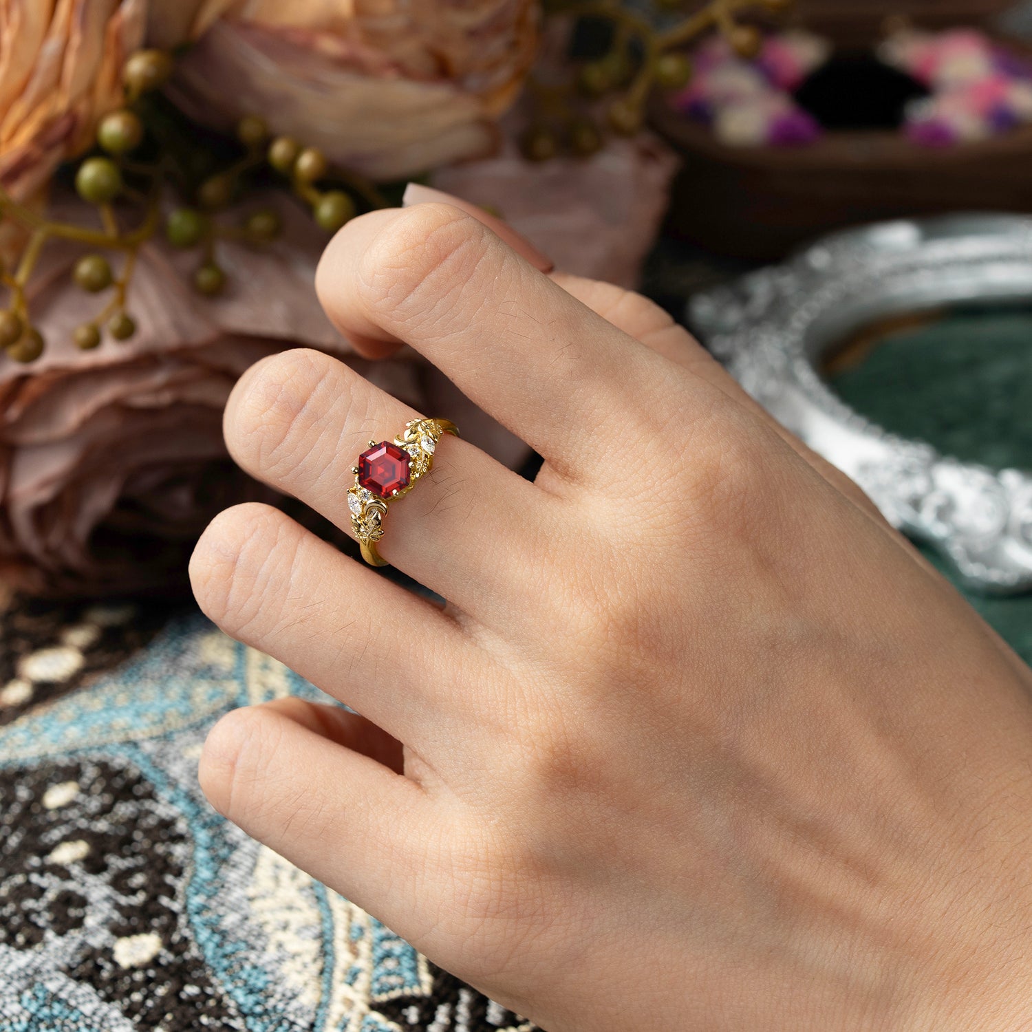 Fashion-Forward Hexagon Cut Natural Garnet Engagement Ring - 4-Prong Nature-Inspired Design - Romalar Jewelry