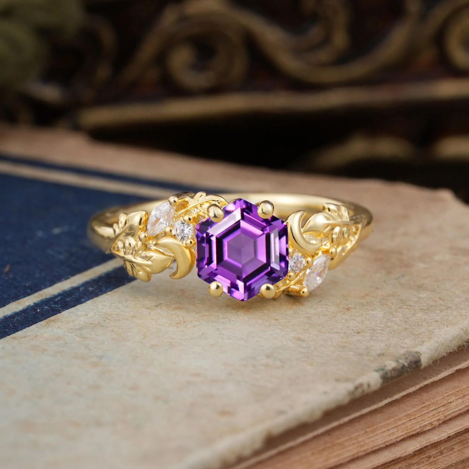 Fashion-Forward Hexagon Cut Natural Amethyst Engagement Ring - 4-Prong Nature-Inspired Design