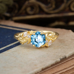 Fashion-Forward Hexagon Cut Aquamarine Engagement Ring - 4-Prong Nature-Inspired Design