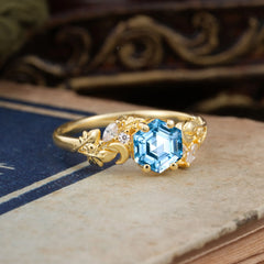 Fashion-Forward Hexagon Cut Aquamarine Engagement Ring - 4-Prong Nature-Inspired Design