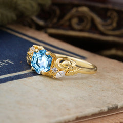 Fashion-Forward Hexagon Cut Aquamarine Engagement Ring - 4-Prong Nature-Inspired Design