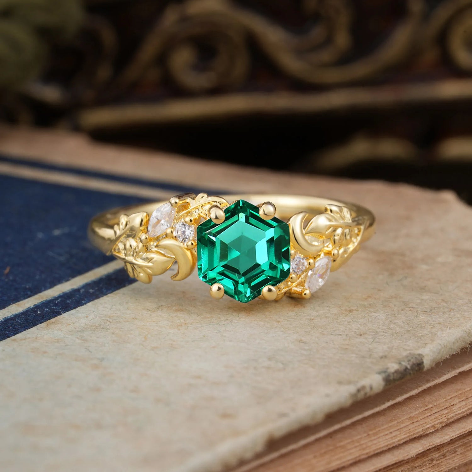 Fashion-Forward Hexagon Cut Emerald Engagement Ring - 4-Prong Nature-Inspired Design - Romalar Jewelry