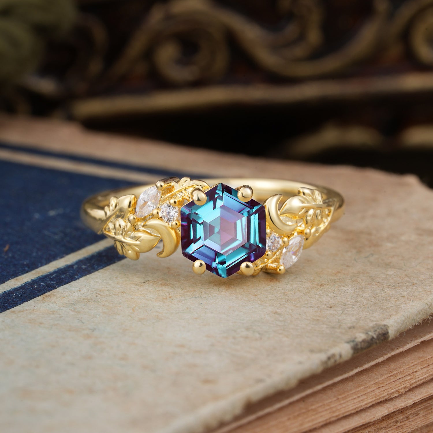 Fashion-Forward Hexagon Cut Alexandrite Engagement Ring - 4-Prong Nature-Inspired Design