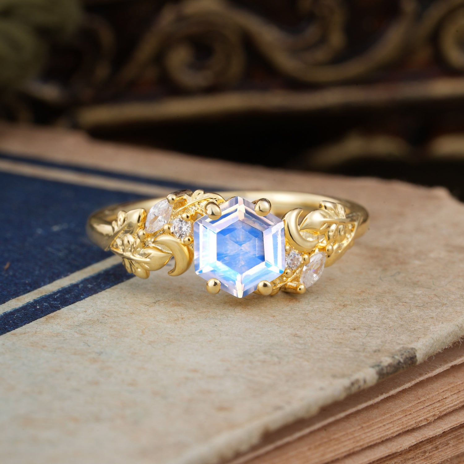 Fashion-Forward Hexagon Cut Natural Moonstone Engagement Ring - 4-Prong Nature-Inspired Design - Romalar Jewelry