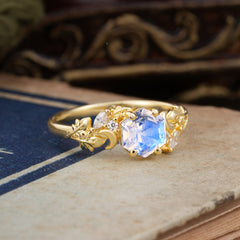 Fashion-Forward Hexagon Cut Natural Moonstone Engagement Ring - 4-Prong Nature-Inspired Design