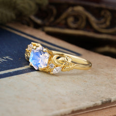 Fashion-Forward Hexagon Cut Natural Moonstone Engagement Ring - 4-Prong Nature-Inspired Design