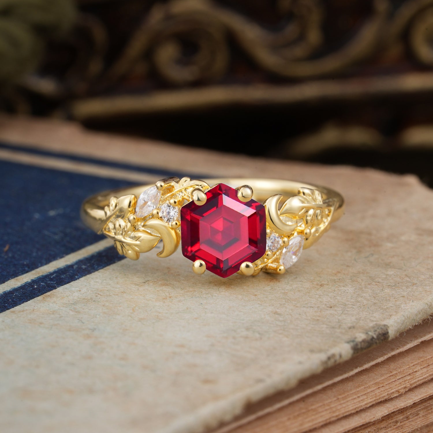 Fashion-Forward Hexagon Cut Ruby Engagement Ring - 4-Prong Nature-Inspired Design