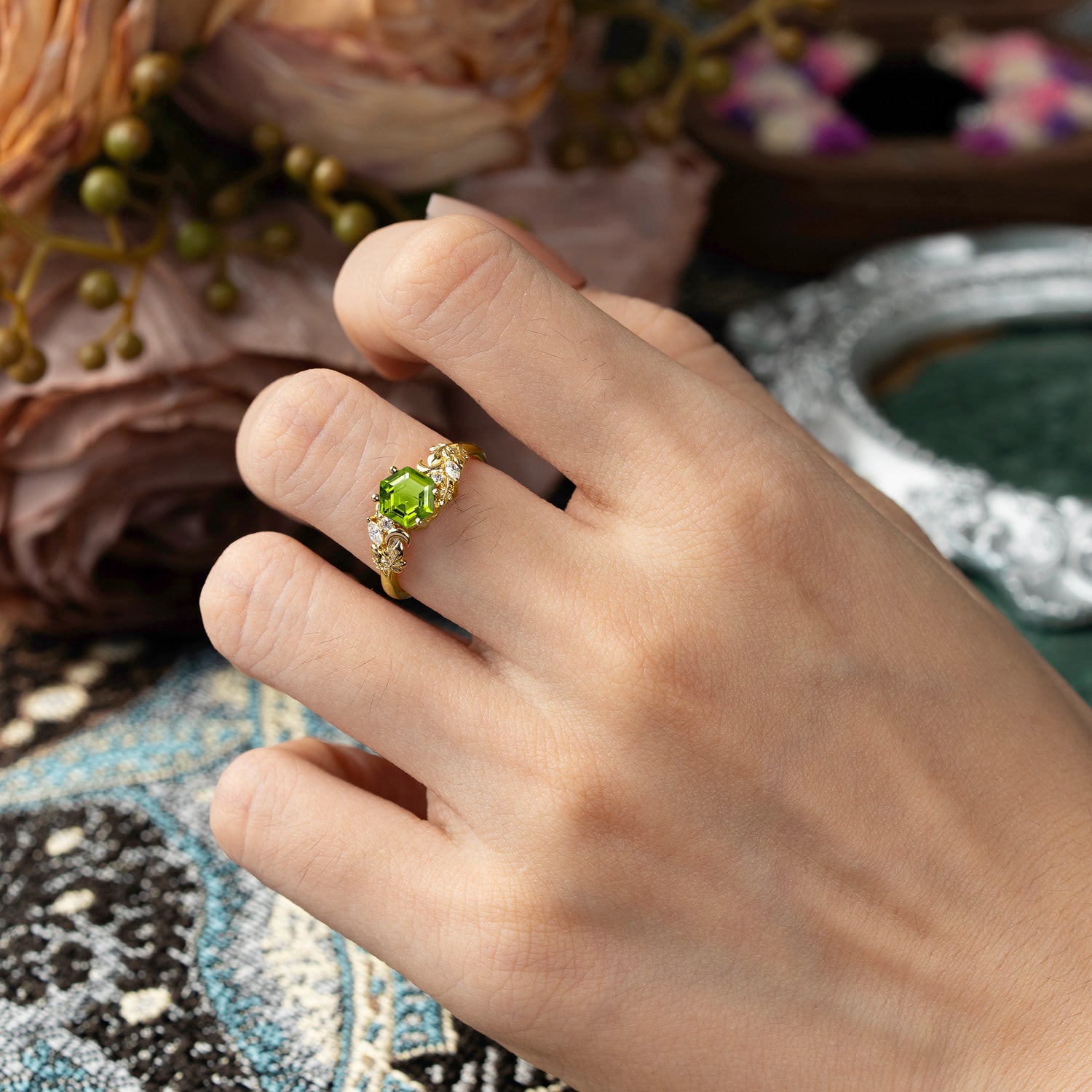 Fashion-Forward Hexagon Cut Natural Peridot Engagement Ring - 4-Prong Nature-Inspired Design