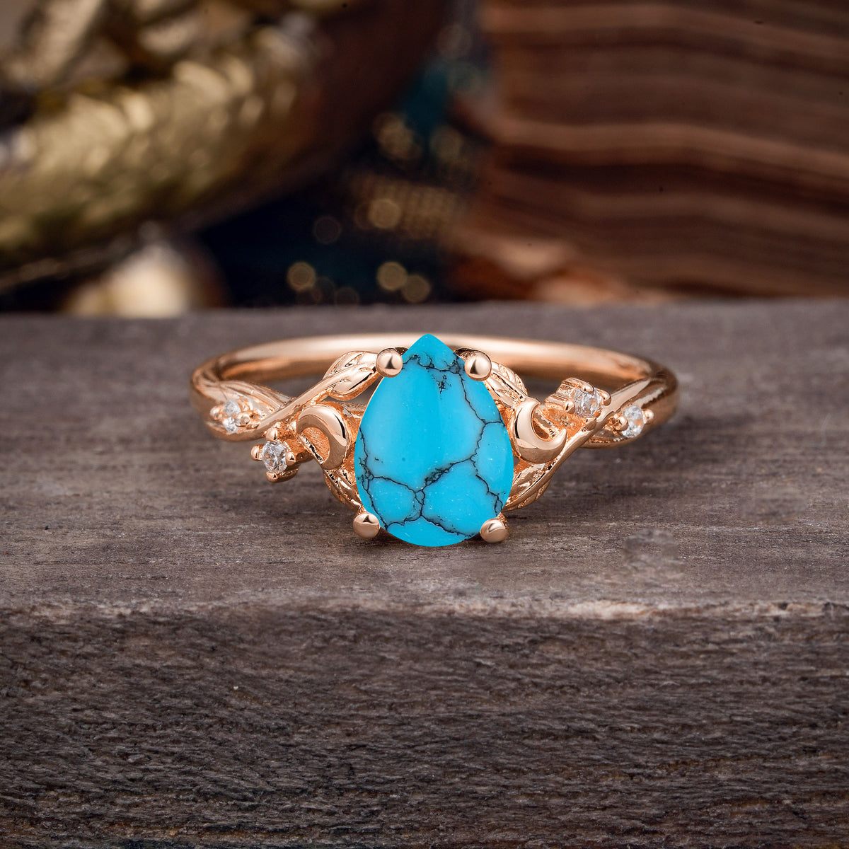 Vintage Minimalist 4-Prong Pear-Cut Turquoise Engagement Ring - Romalar Jewelry