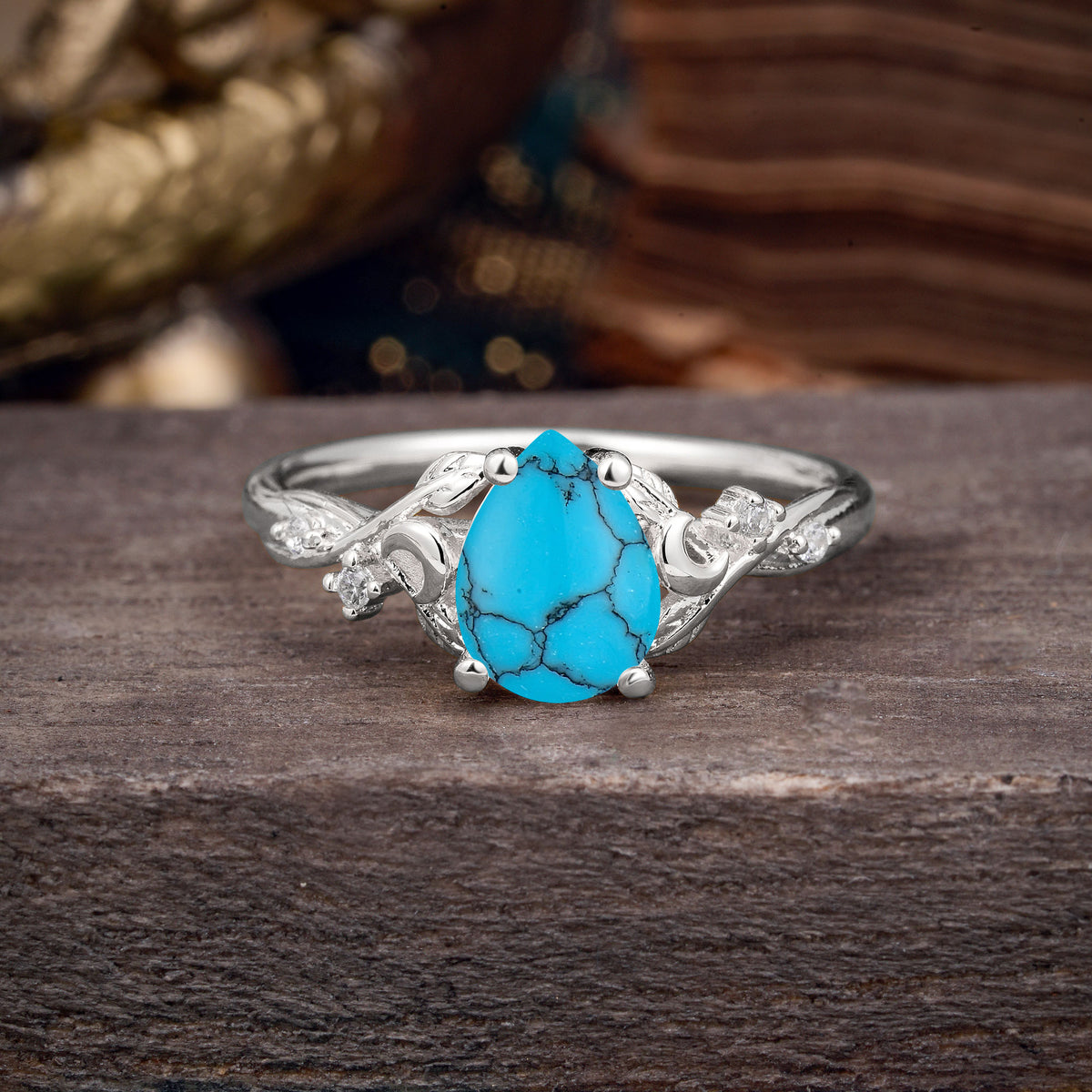 Vintage Minimalist 4-Prong Pear-Cut Turquoise Engagement Ring - Romalar Jewelry