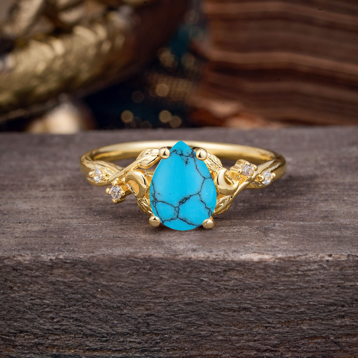 Vintage Minimalist 4-Prong Pear-Cut Turquoise Engagement Ring - Romalar Jewelry