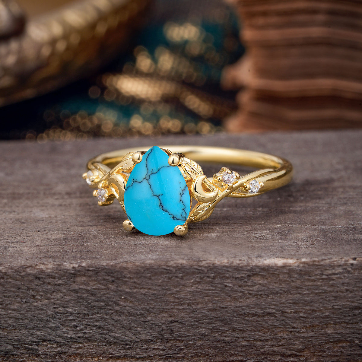 Vintage Minimalist 4-Prong Pear-Cut Turquoise Engagement Ring - Romalar Jewelry