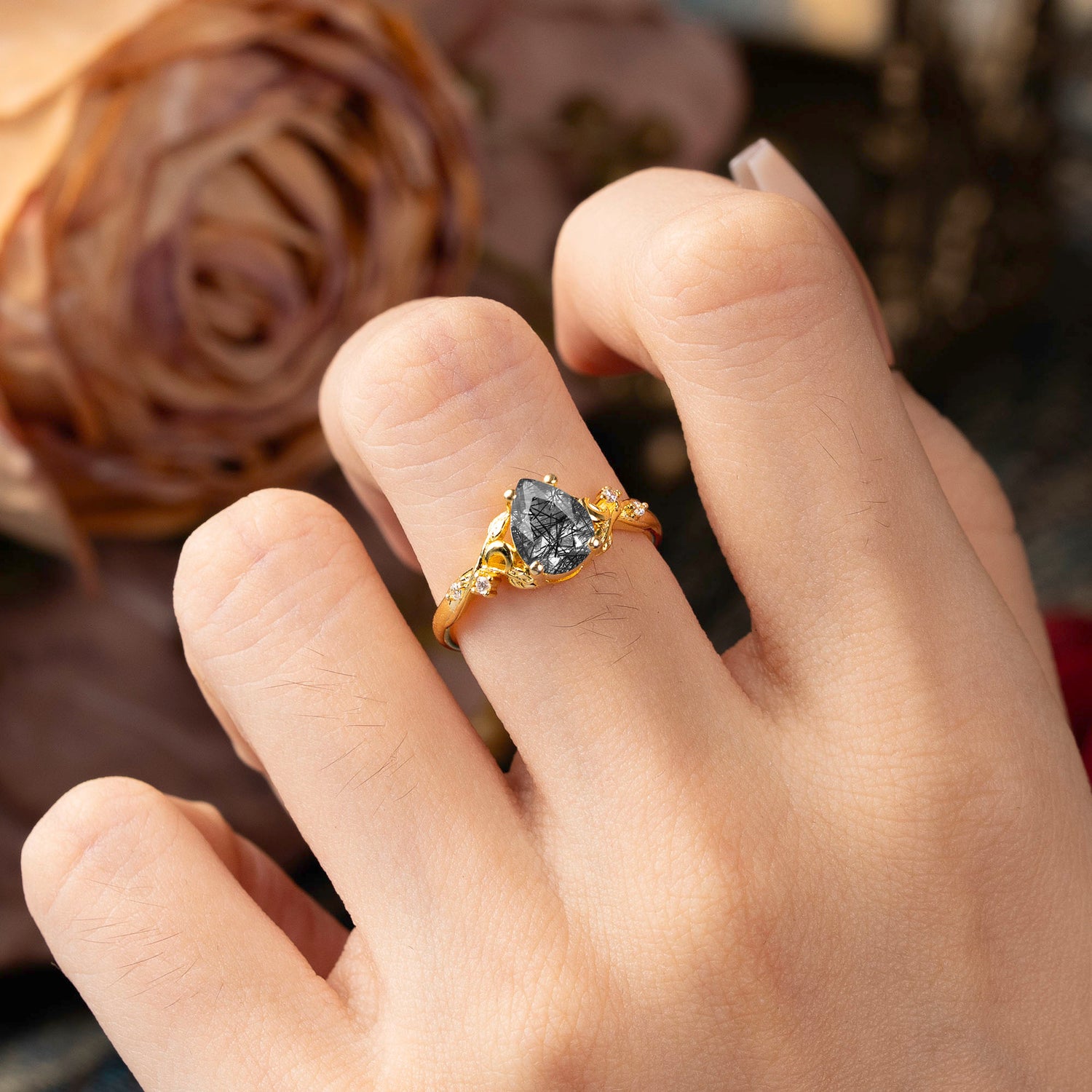 Vintage Minimalist 4-Prong Pear-Cut Black Rutilated Quartz Engagement Ring