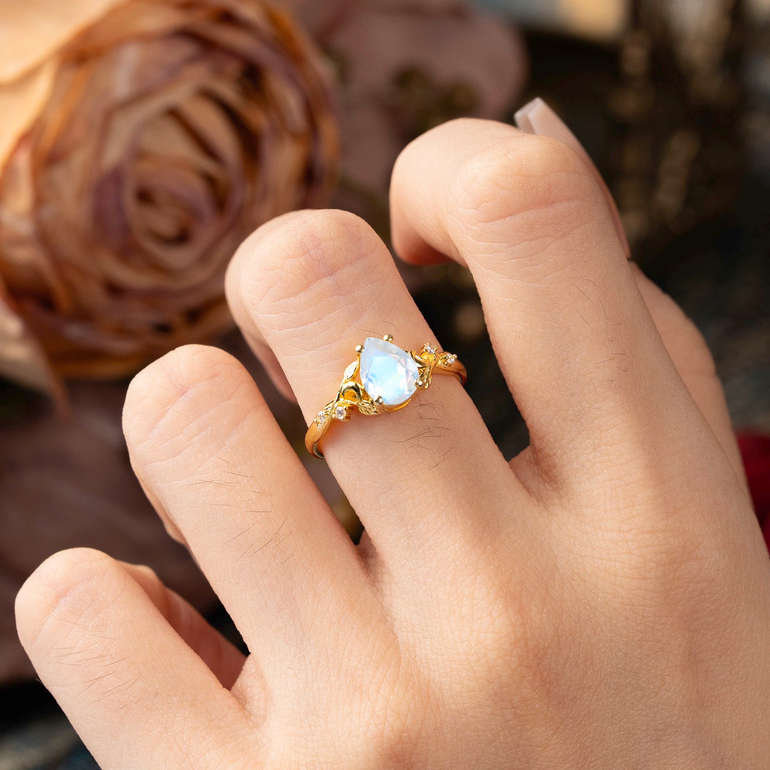 Vintage Minimalist 4-Prong Pear-Cut Moonstone Engagement Ring