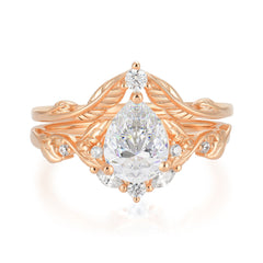 Nature-Inspired 3-Prong Tear-Cut Moissanite Engagement Ring Set