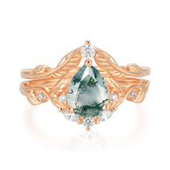 Nature-Inspired 3-Prong Tear-Cut Natural Moss Agate Engagement Ring Set
