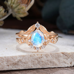 Nature-Inspired 3-Prong Tear-Cut Moonstone Engagement Ring Set