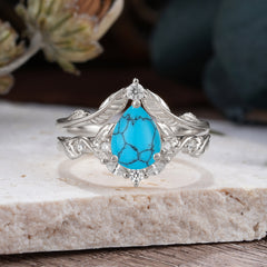 Nature-Inspired 3-Prong Tear-Cut Turquoise Engagement Ring Set