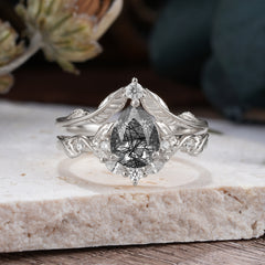 Nature-Inspired 3-Prong Tear-Cut Black Rutilated Quartz Engagement Ring Set