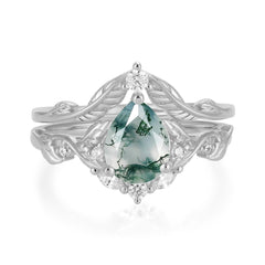 Nature-Inspired 3-Prong Tear-Cut Natural Moss Agate Engagement Ring Set