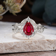 Nature-Inspired 3-Prong Tear-Cut Ruby Engagement Ring Set