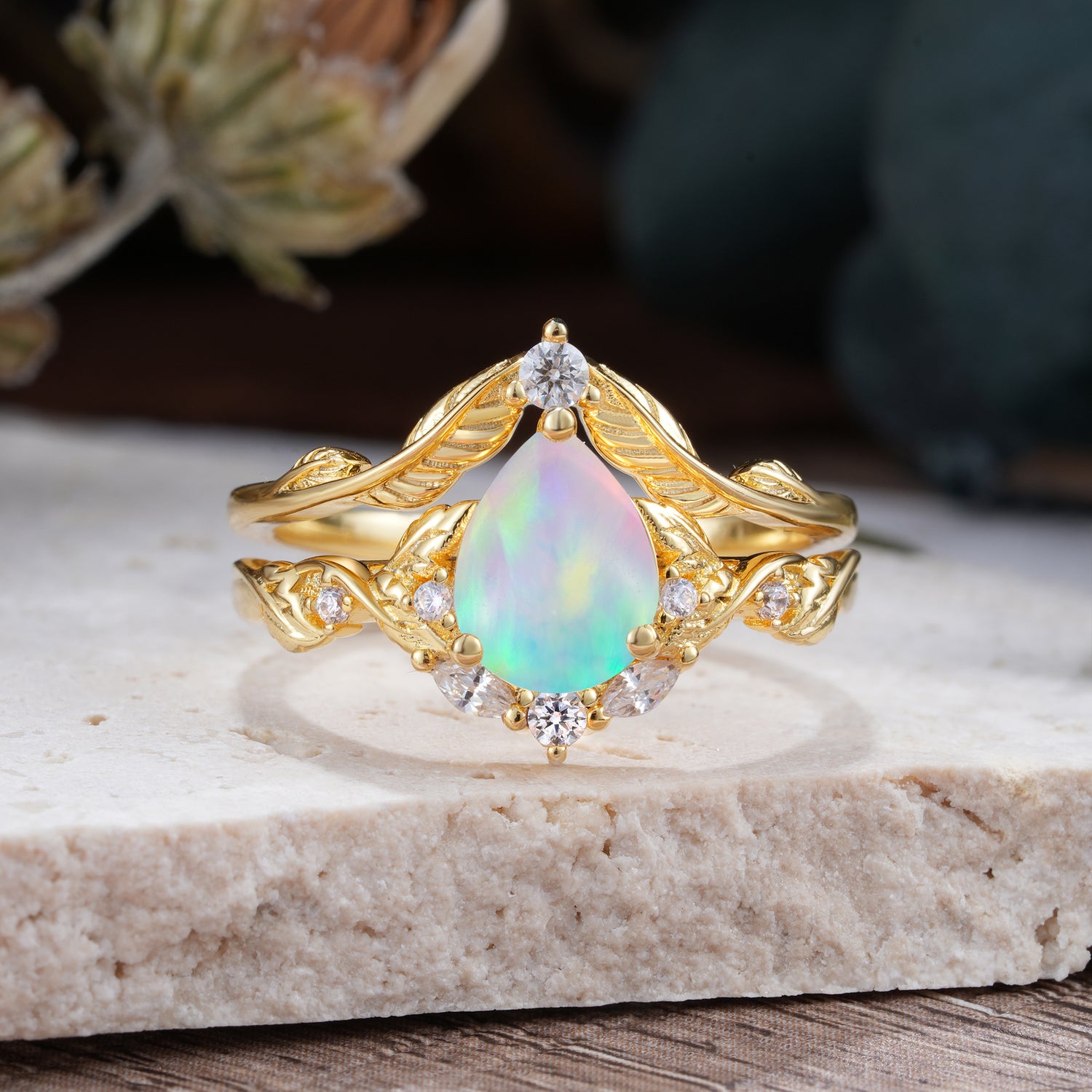 Nature-Inspired 3-Prong Pear-Cut Opal Engagement Ring Set