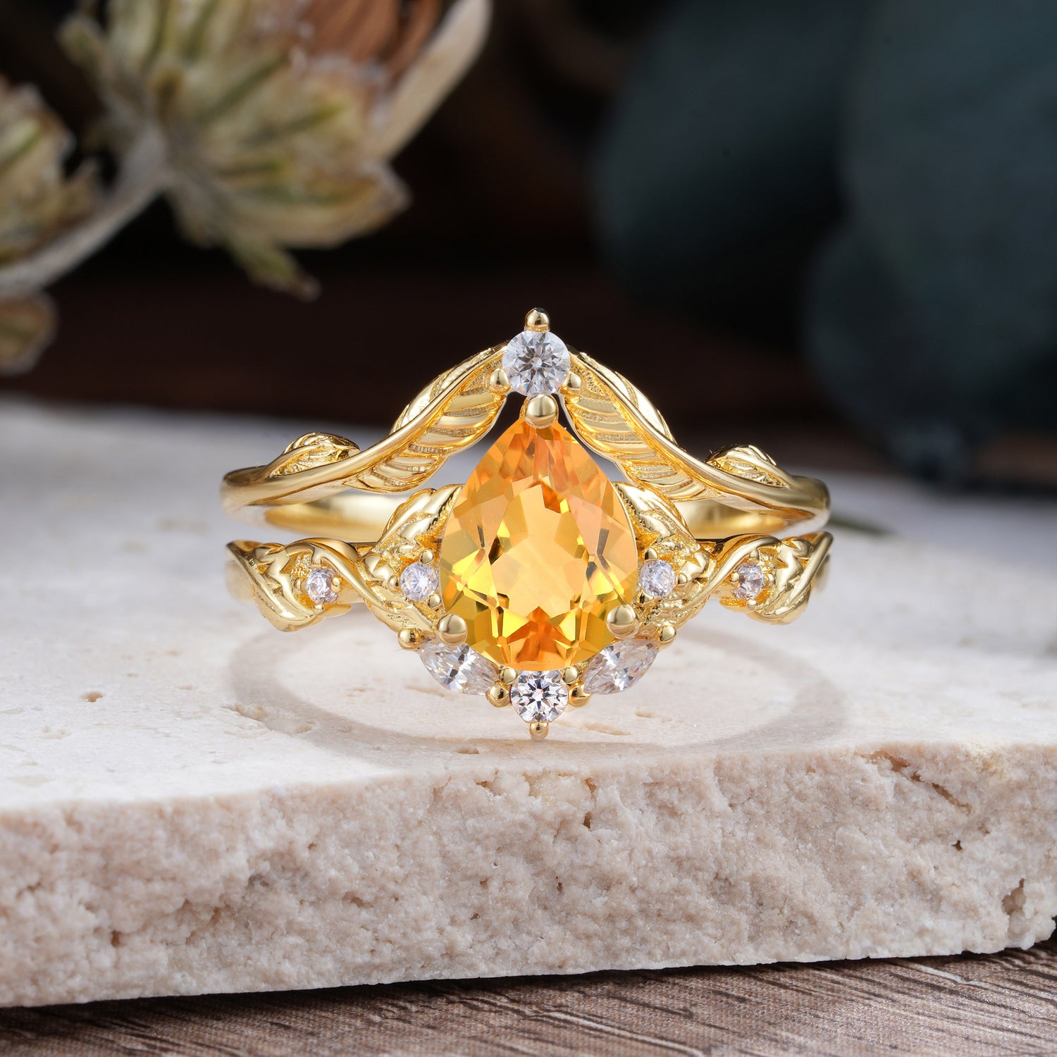 Nature-Inspired 3-Prong Pear-Cut Citrine Engagement Ring Set