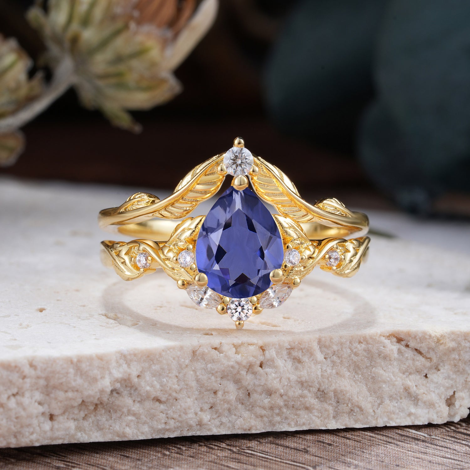 Nature-Inspired 3-Prong Pear-Cut Tanzanite Engagement Ring Set