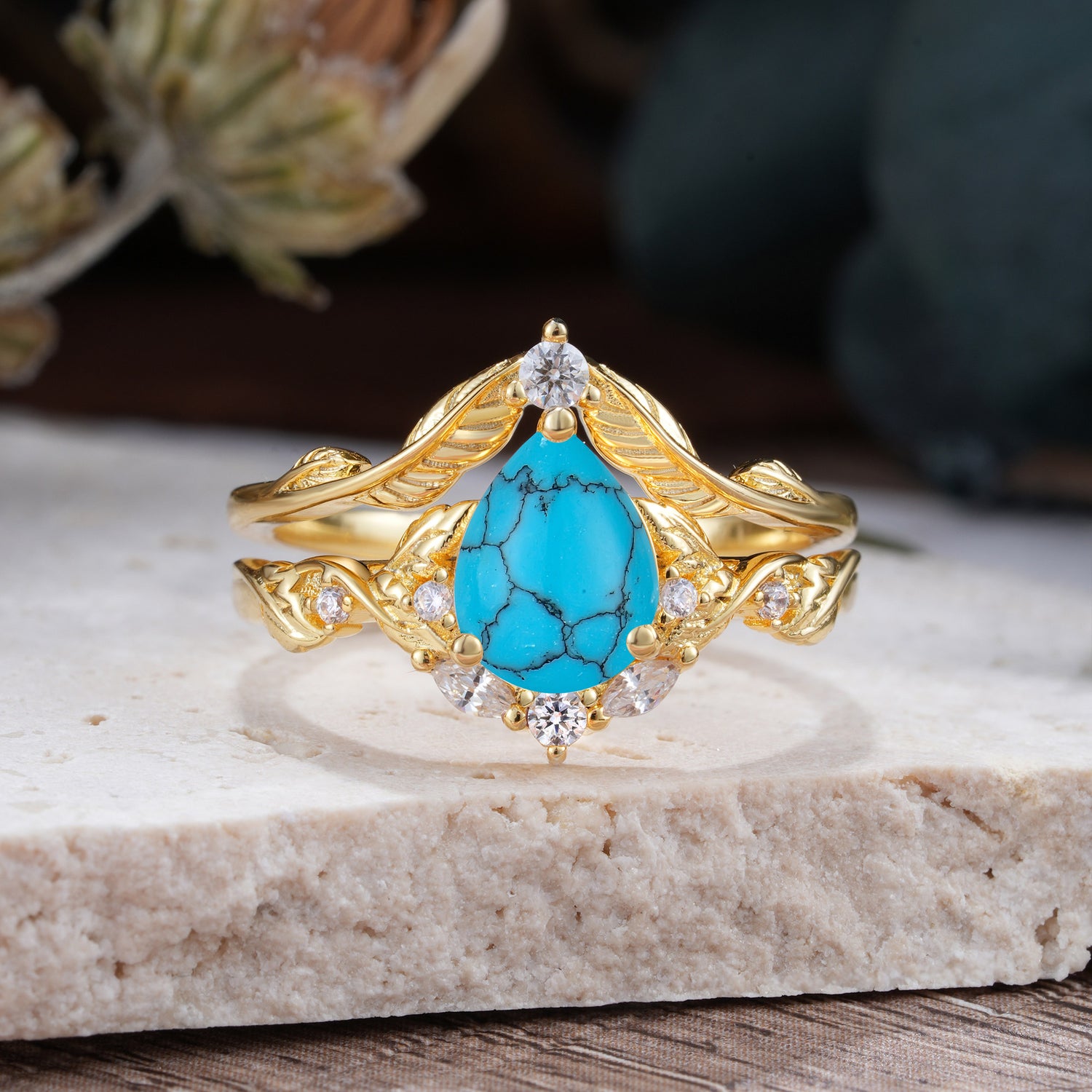 Nature-Inspired 3-Prong Pear-Cut Turquoise Engagement Ring Set
