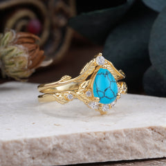 Nature-Inspired 3-Prong Tear-Cut Turquoise Engagement Ring Set